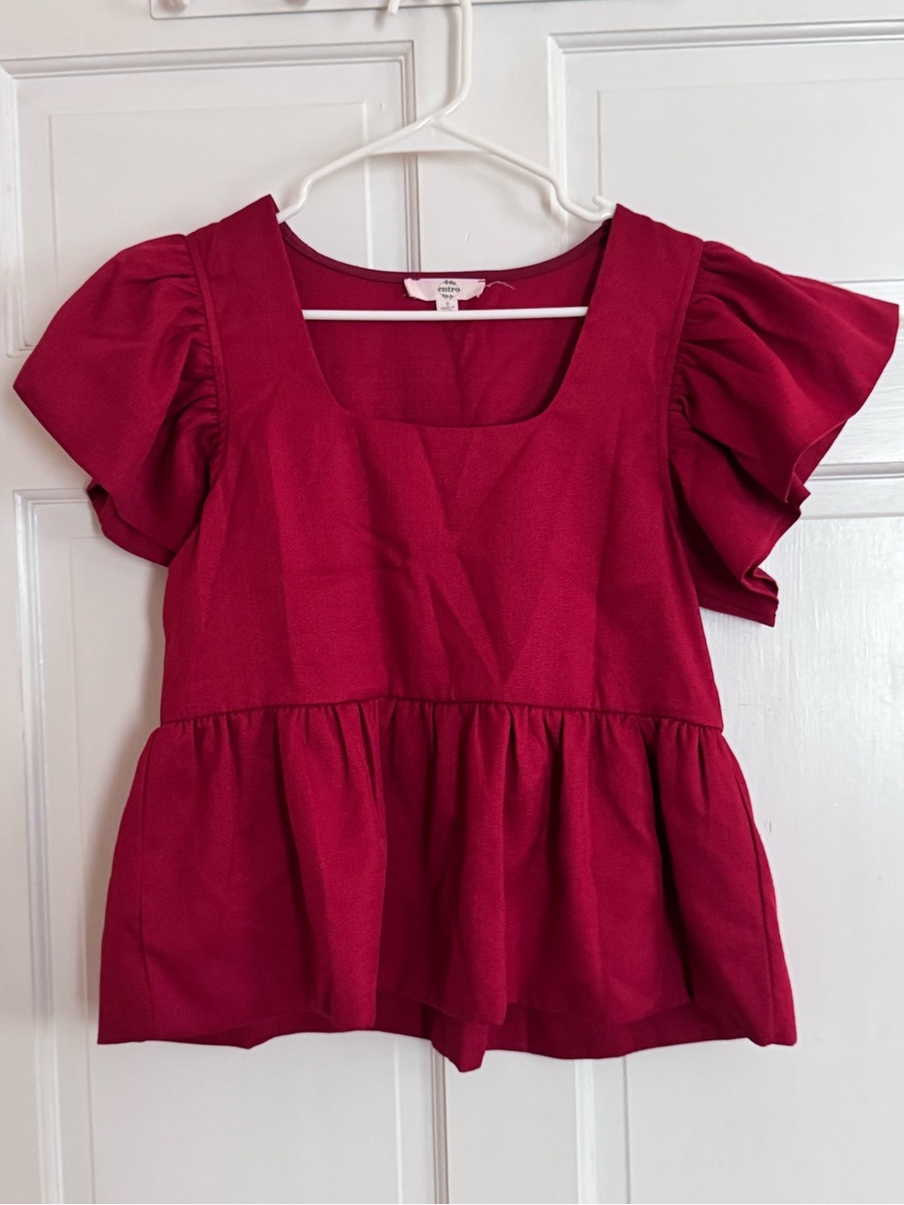 entro Cherry Red Peplum Top with Puff Sleeves